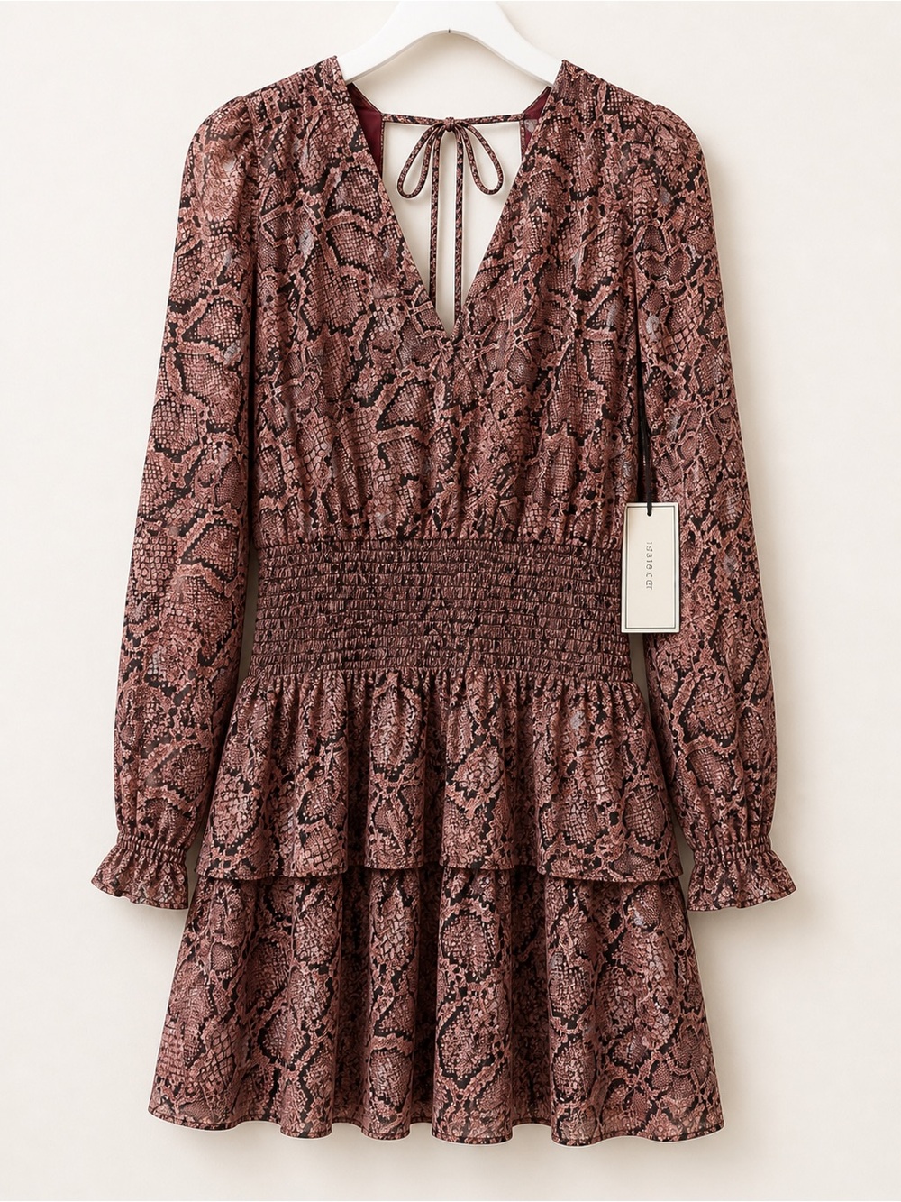1.STATE Snake Print Ruffle Dress Tie Back Smocked Waist M NWT